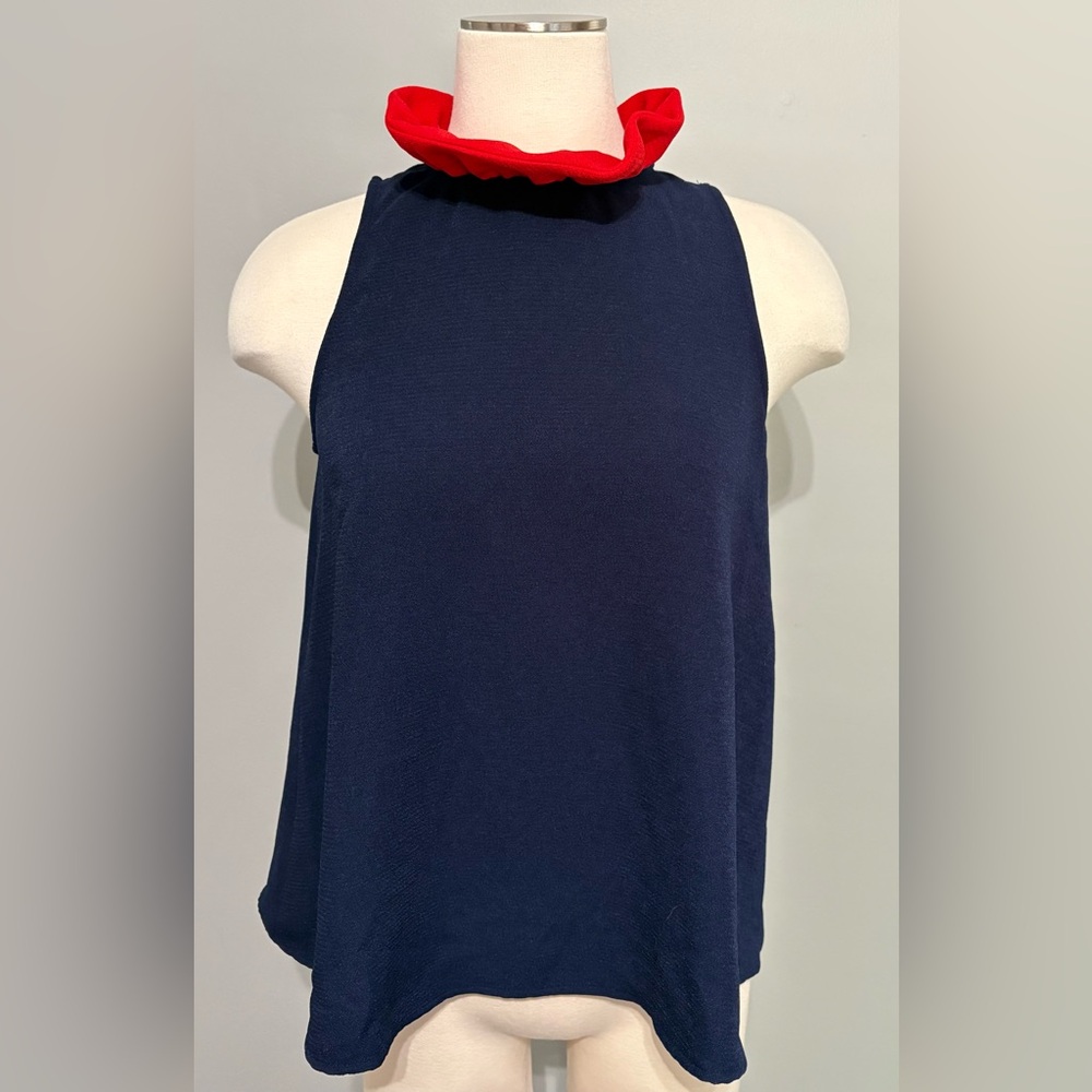 Tuckernuck Pomander Place Mason Ruffle Bow Tie Blouse Navy and Red Size XS - Picture 2 of 8